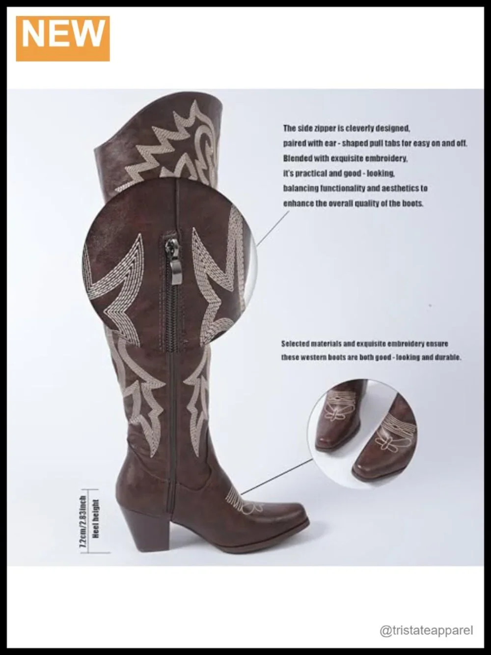 Over-the-Knee Square Toe Cowboy Boots Embroidered PU Leather Chunky Heel Zip